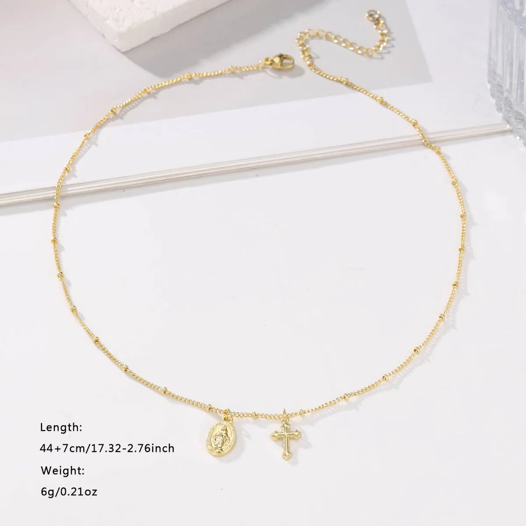 Gold ornament cross Virgin Mary necklace with simple geometric pendant design for women