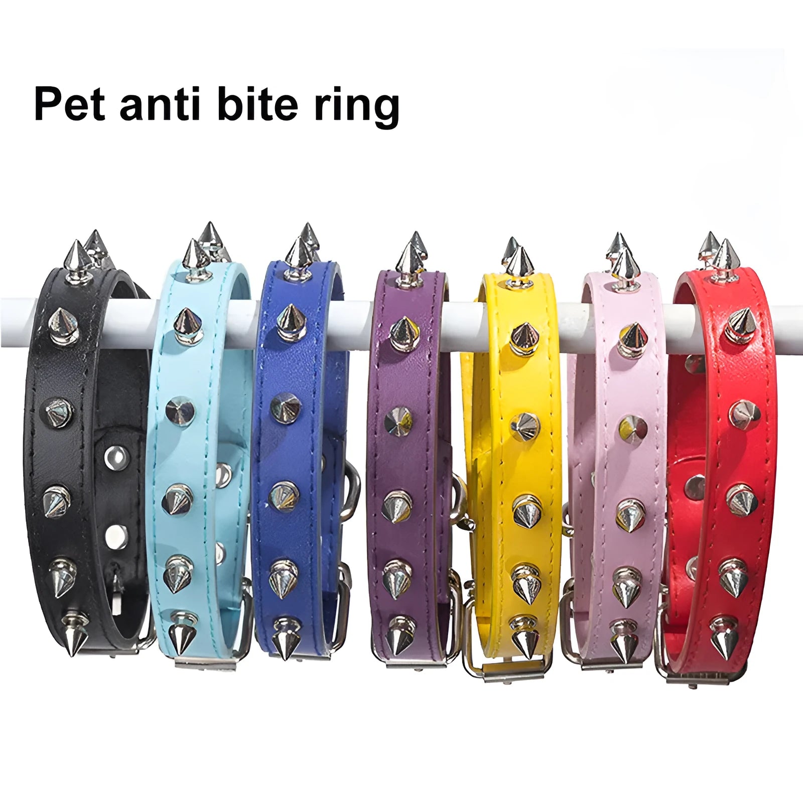 Studded anti-bite dog collar in thickened PU leather with metal alloy buckle, shown in multiple colours