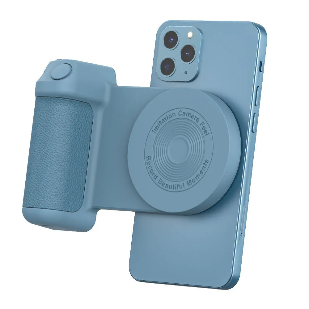 Black 3-in-1 magnetic phone camera handle with rotatable stand and PU leather grip