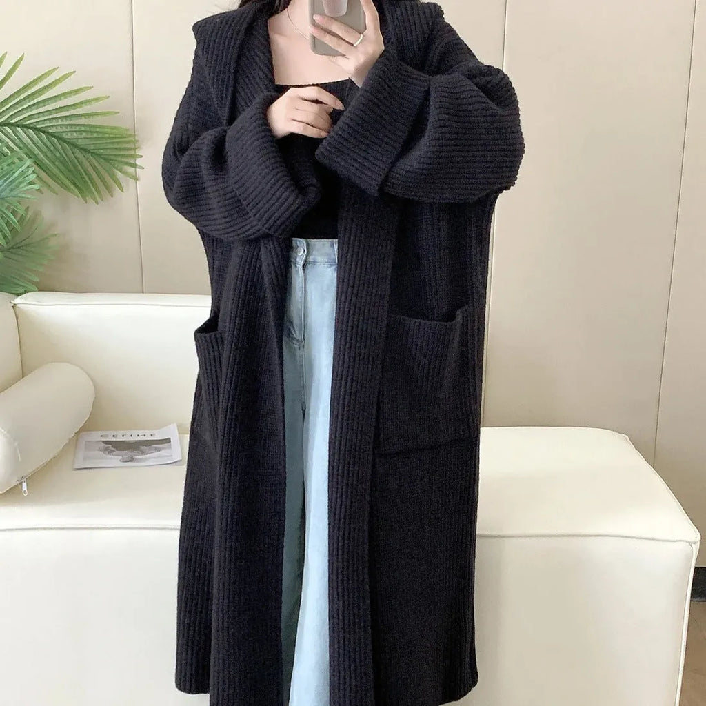 Women's loose hooded cardigan coat in 80cm length with raglan sleeves in five colour options