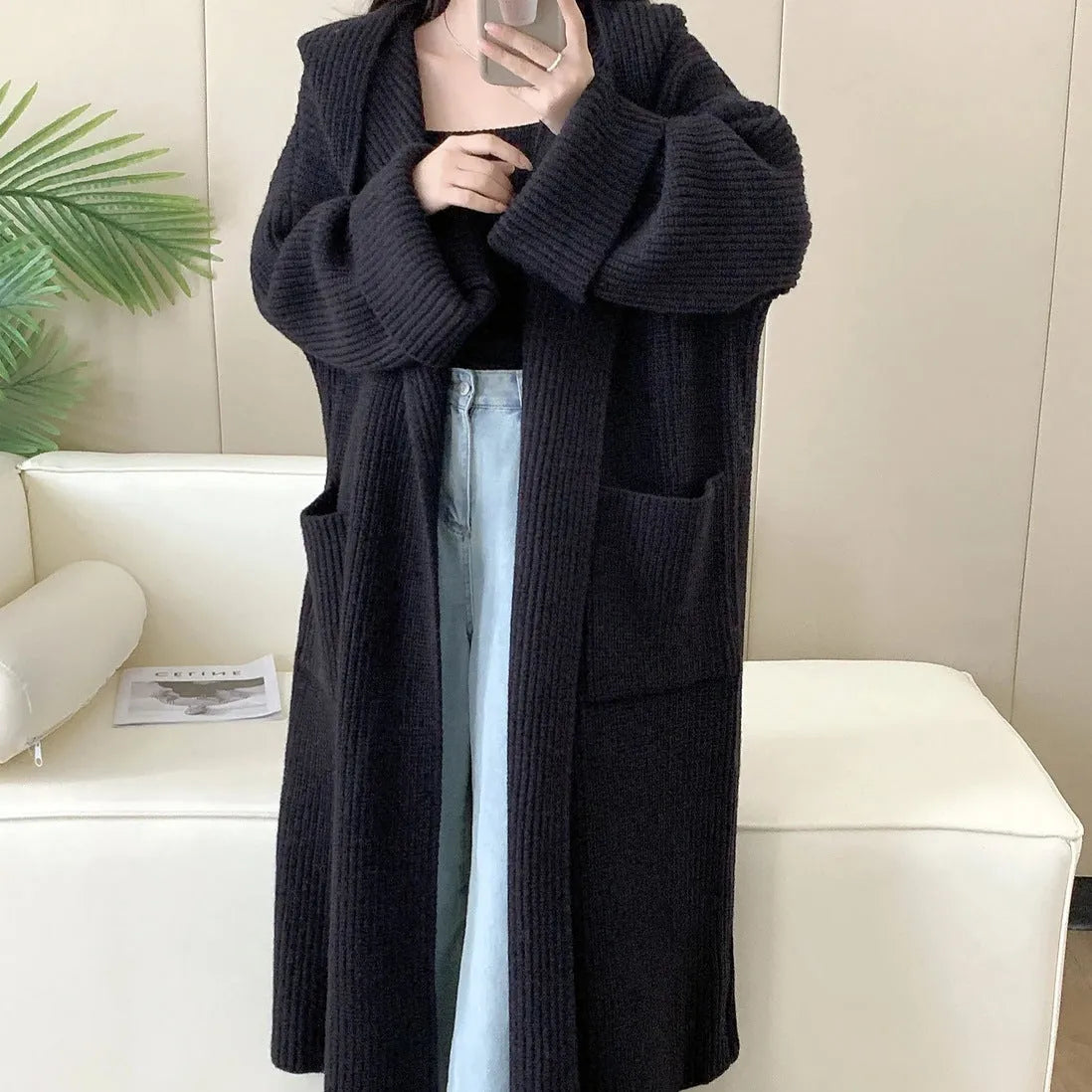 Women's loose hooded cardigan coat in 80cm length with raglan sleeves in five colour options