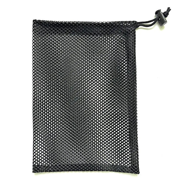 Black mesh drawstring storage bag for water balloons, shown in three available sizes.