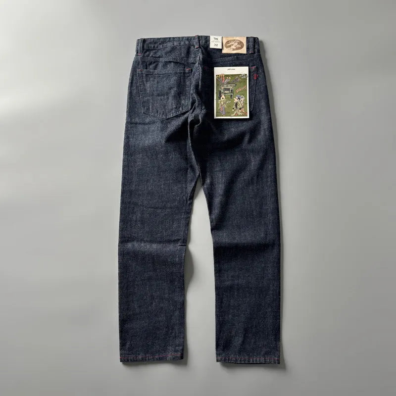 Men's straight leg jeans in primary colour denim with medium waist and regular length