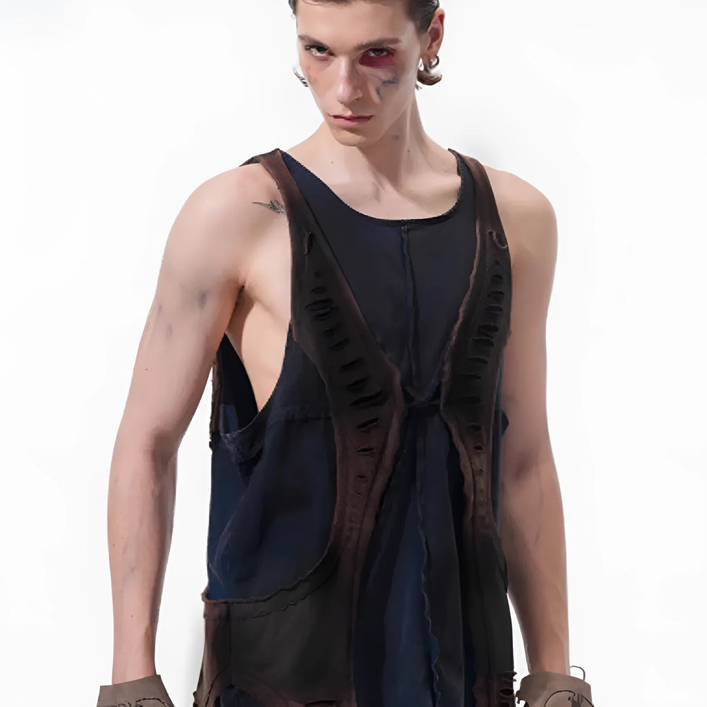 Men's summer spray colour cut structure spliced vest with round neck in youth pop style