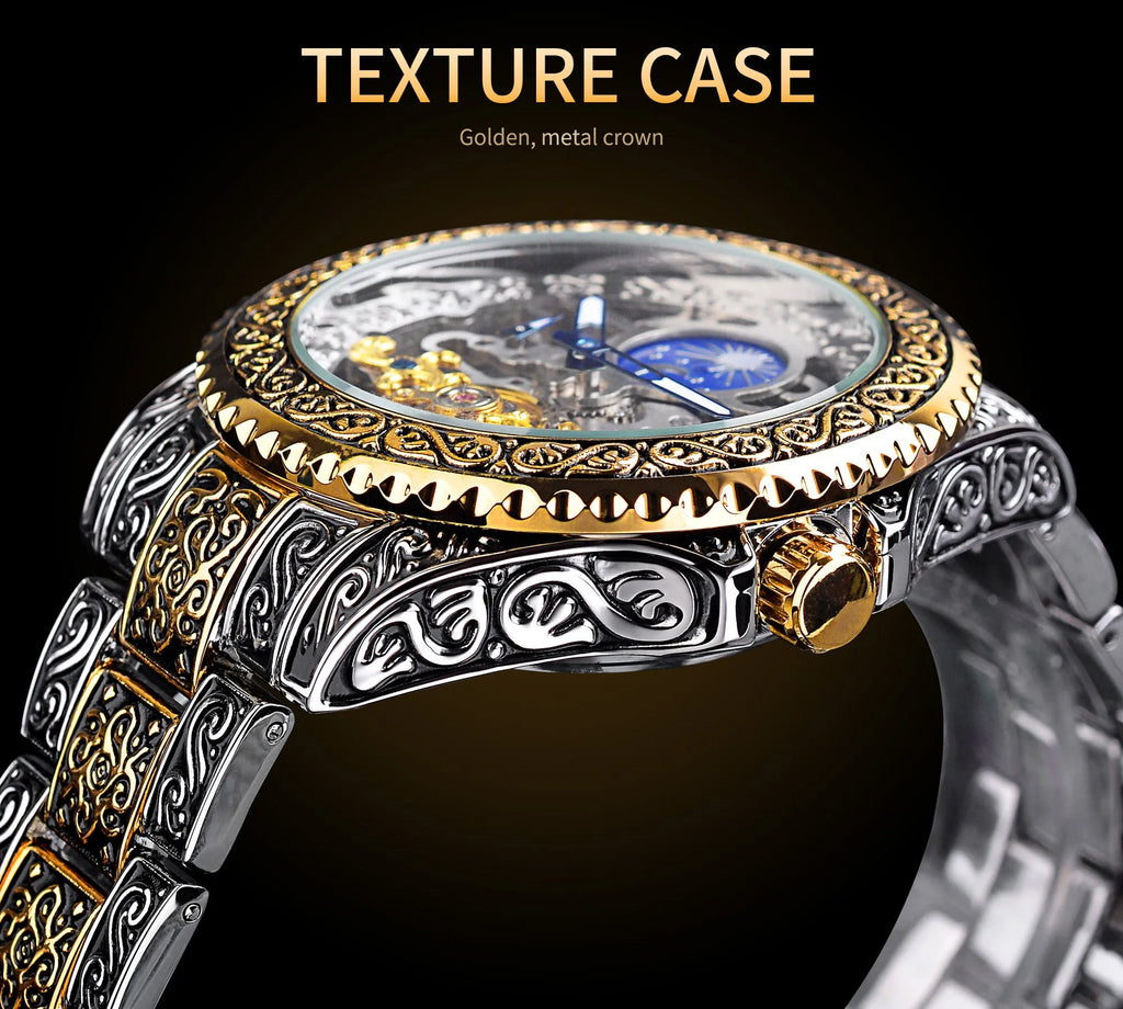Forsining skeleton tourbillon mechanical watch with yellow gold stainless steel case and visible movement
