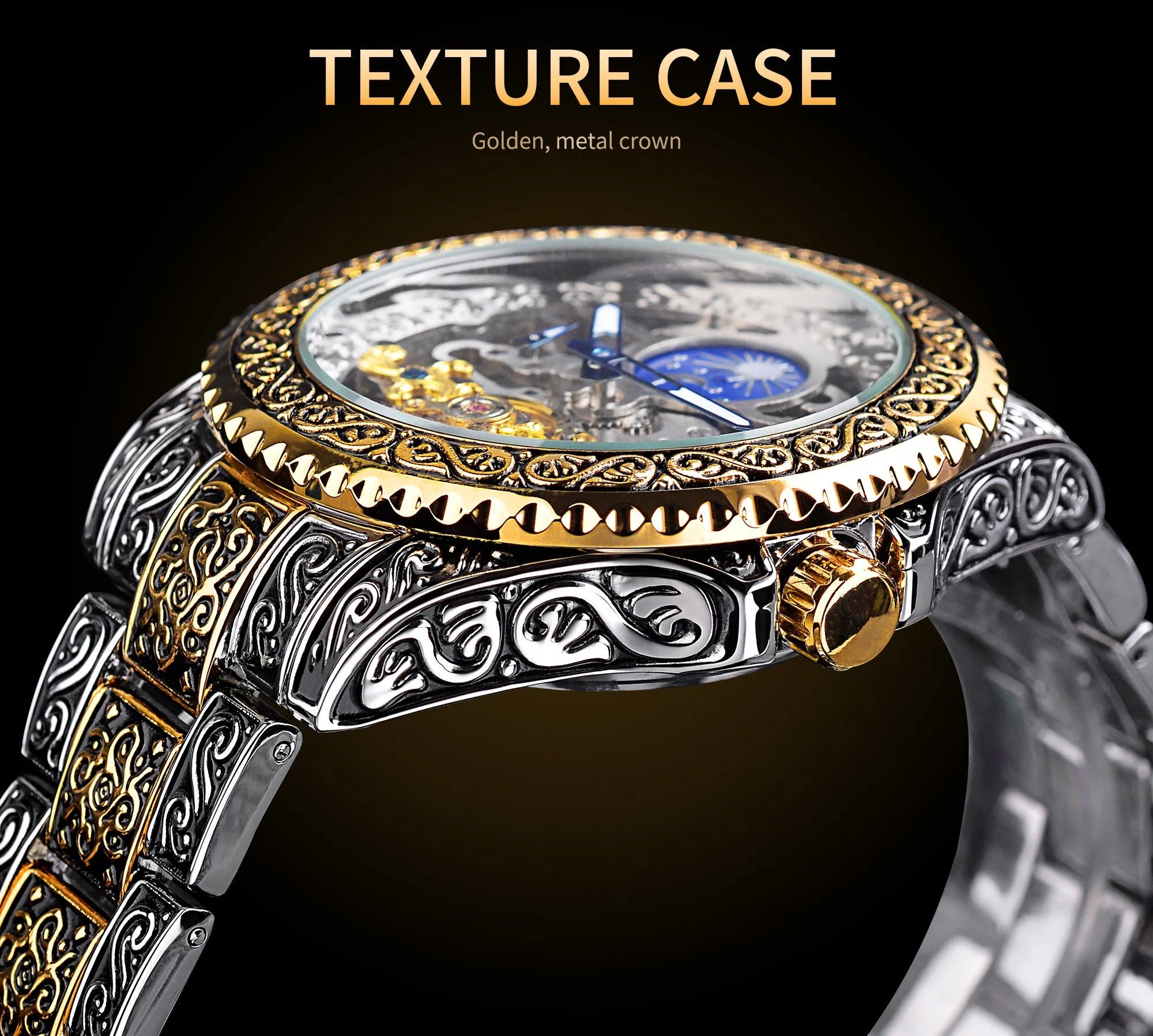 Forsining skeleton tourbillon mechanical watch with yellow gold stainless steel case and visible movement