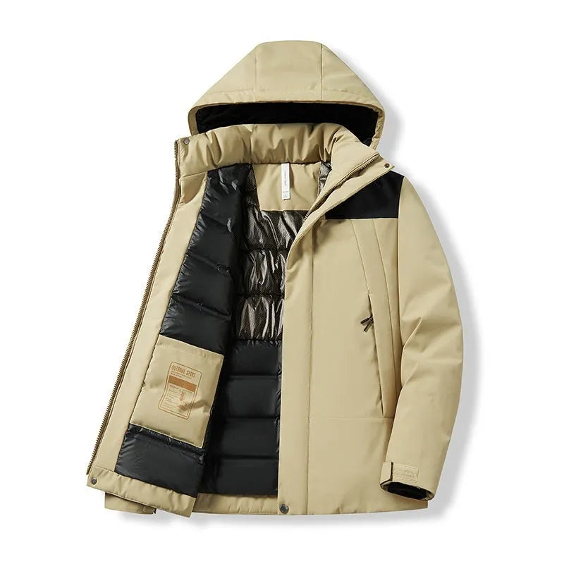 Winter thicken thermal shell jacket in black, waterproof polyester with contrast colour details for outdoor skiing and hiking