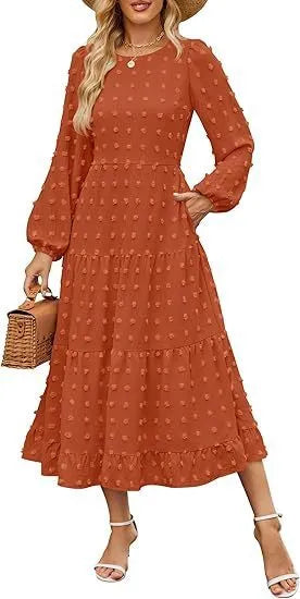 Beige women's casual dress with long ruffled sleeves, a round neck, and a high waist.