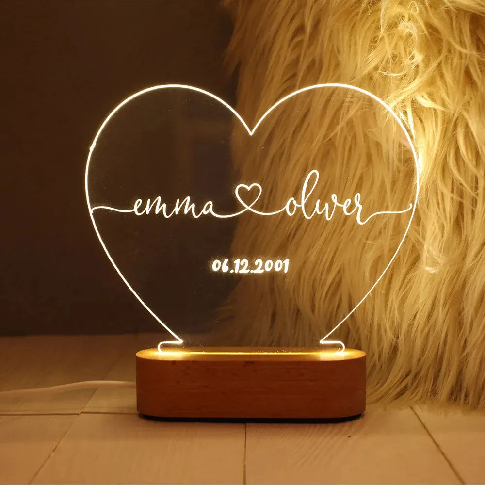Custom names and date night light with 20cm acrylic plate and LED base