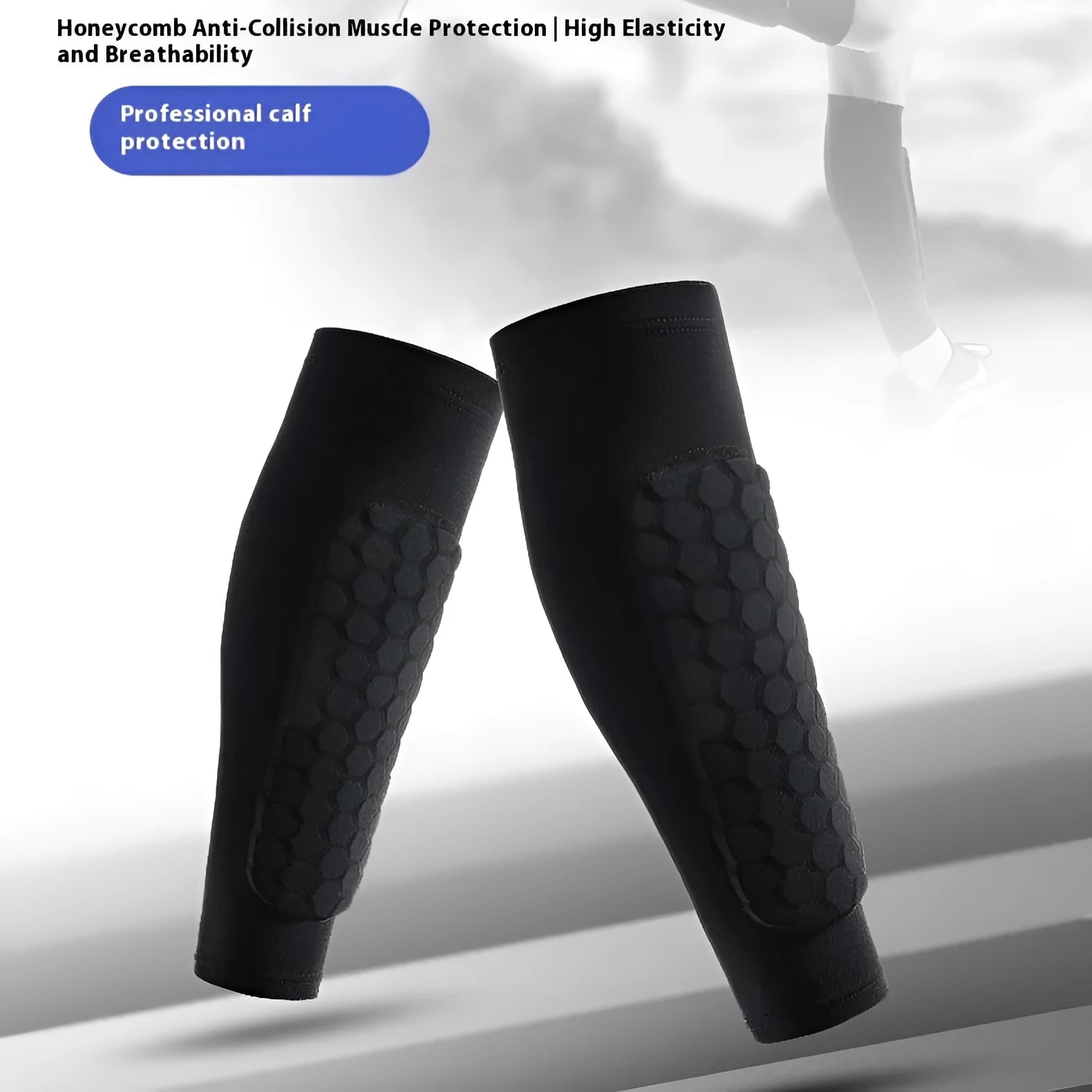 Outdoor sports honeycomb anti-collision leg protector in black polyester fibre, sizes M L XL