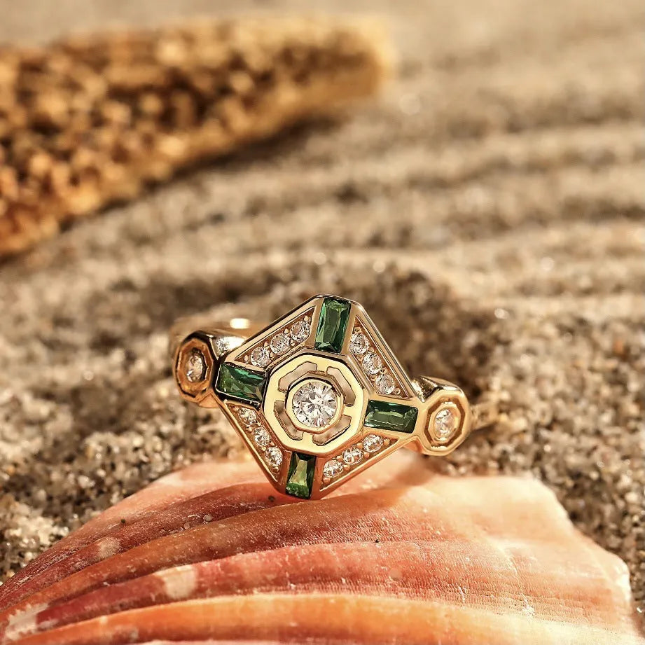 Ins style square geometric emerald diamond ring in lvzuan colour on a white background.