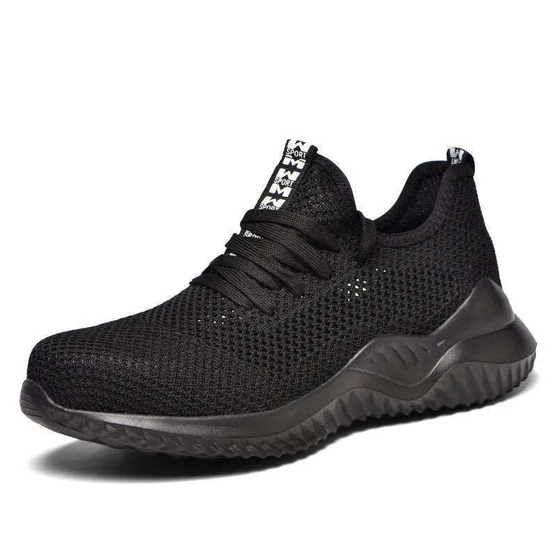 Men's low-top steel toe cap safety shoes in black with anti-static EVA sole for work and climbing.