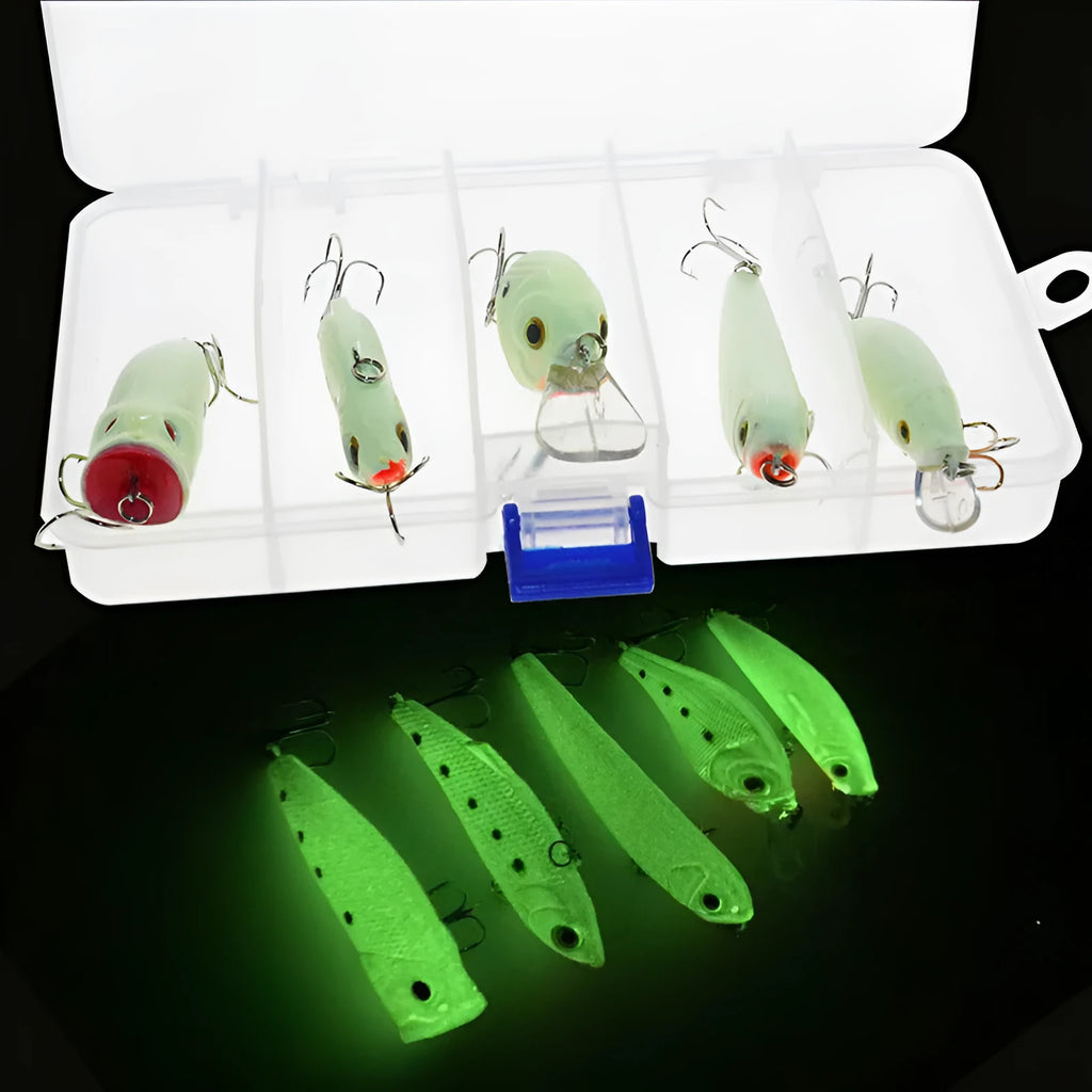 Five fluorescent 3D simulation hard bait fishing lures with luminous design in multiple colours