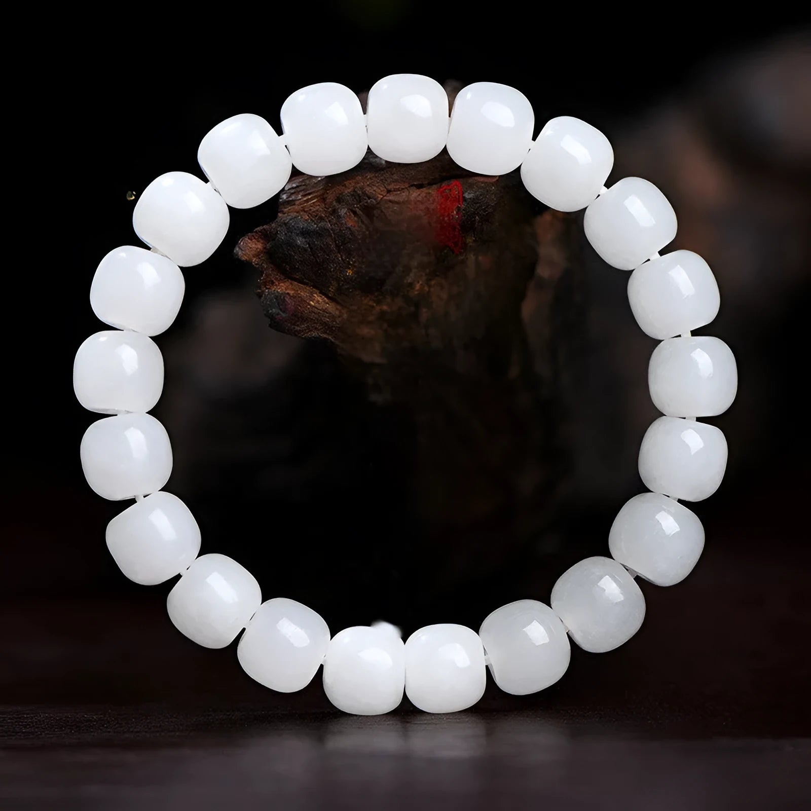 White jade barrel beads bracelet on wrist showing Hetian jade beads in casual unisex design
