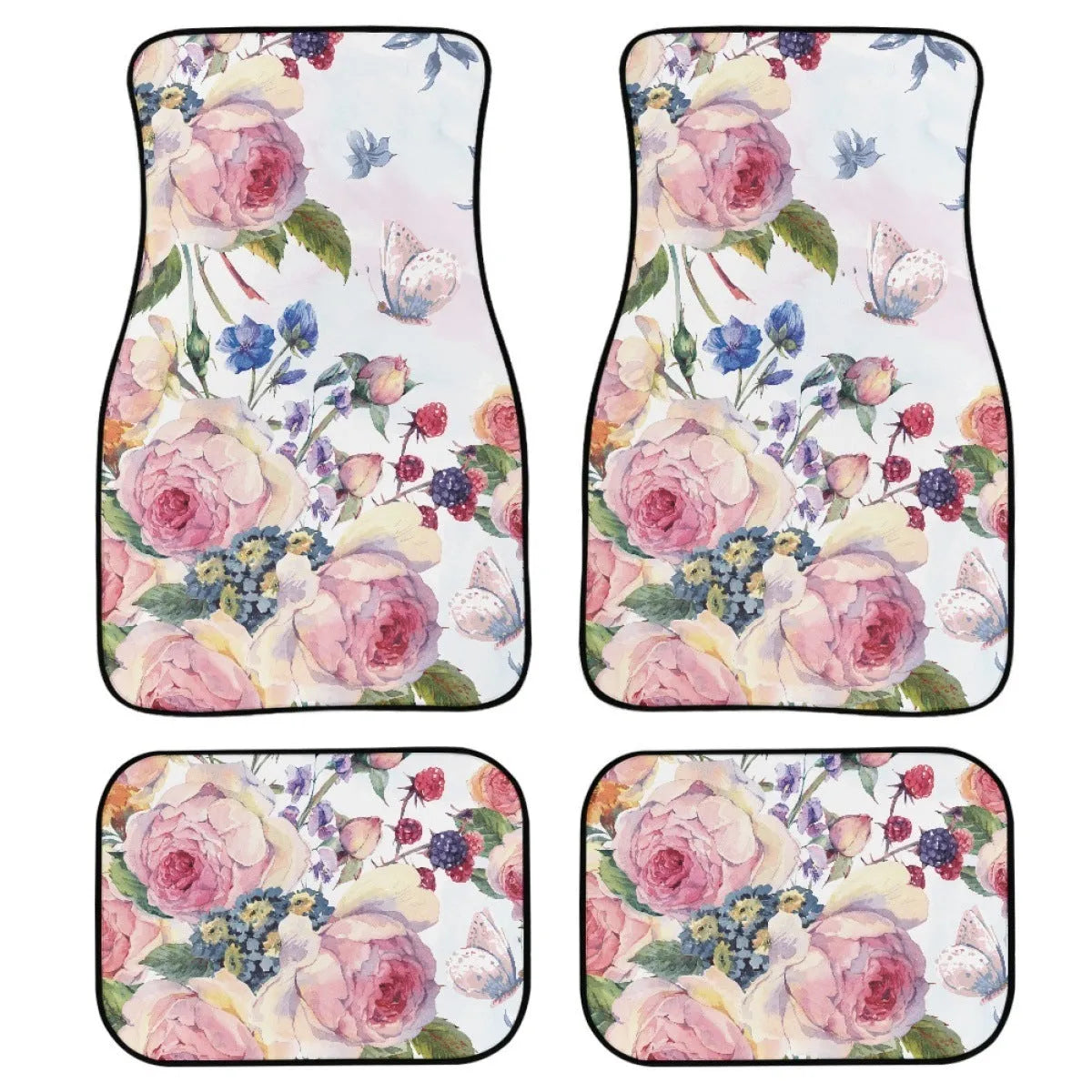 Black printed rubber car foot mat four-piece set showing 20mm thickness