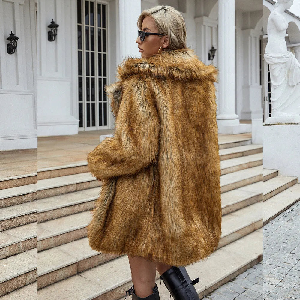Yellow loose-fit women's faux fur coat with regular sleeves, shown mid-length