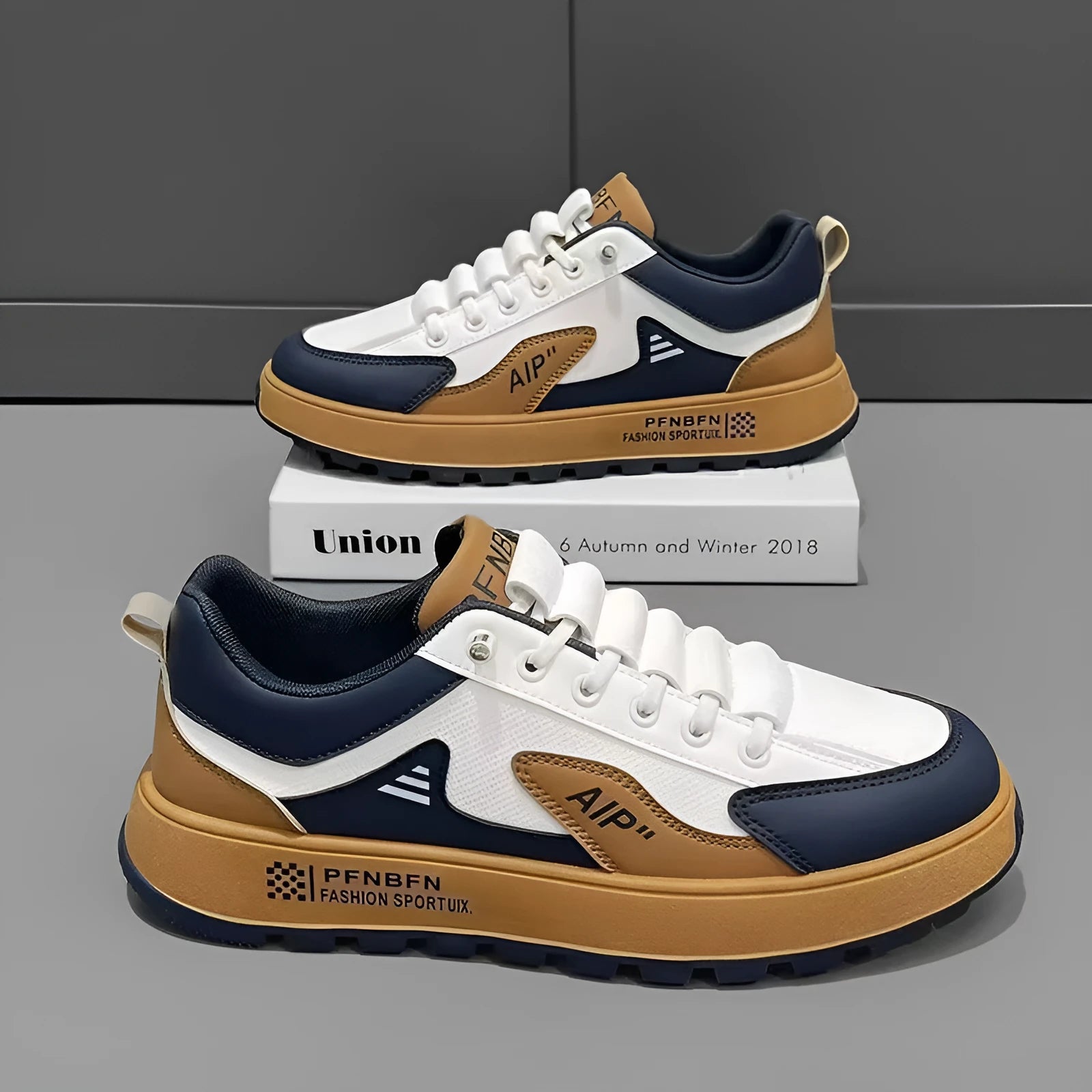 Men's round-toe casual shoes in artificial PU, shown in white and orange, white and black, and white and brown colour options.