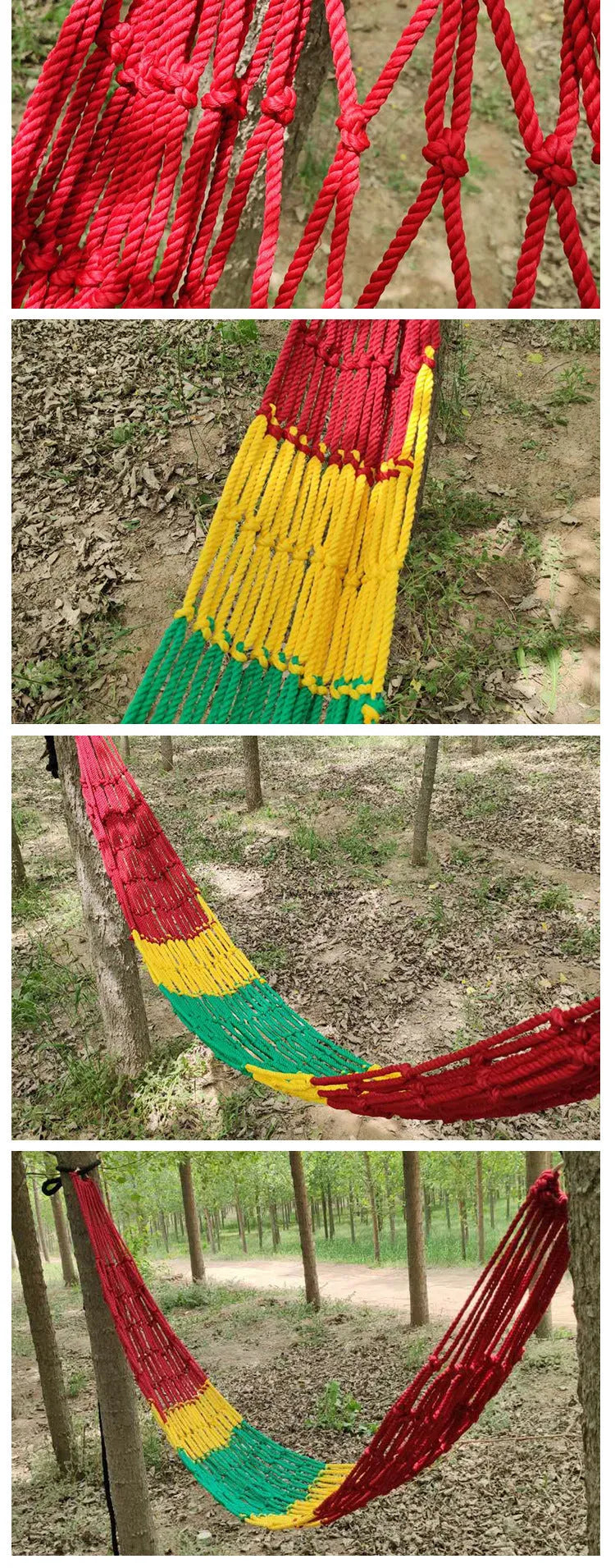 Nylon rope mesh hammock showing 1.1m width and 2.1m length dimensions for outdoor use