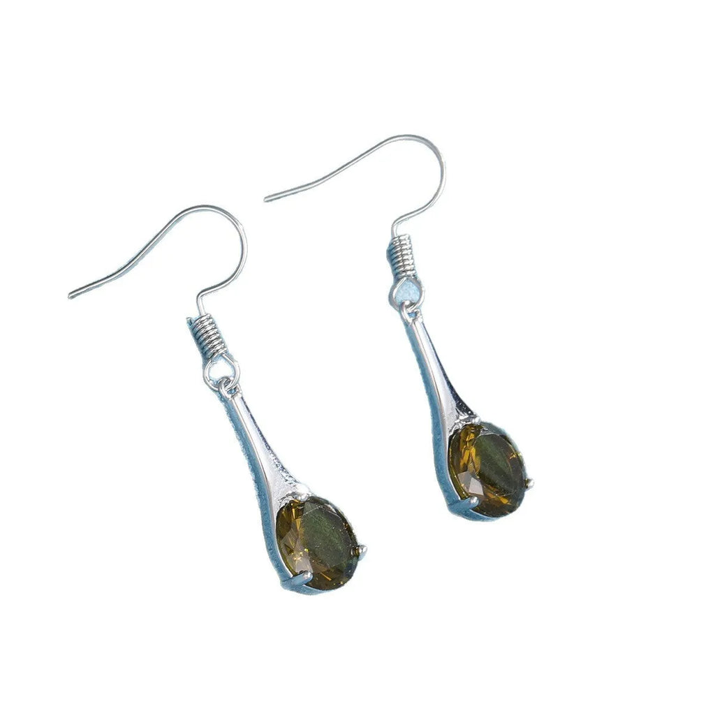 Olive green topaz drop-shaped earrings with retro design on alloy with electroplated finish