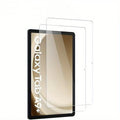 Samsung Galaxy tablet with a clear tempered glass screen protector showing anti-fingerprint and full coverage features.