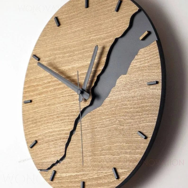Modern wooden wall clock with creative crack design in one of five colour options
