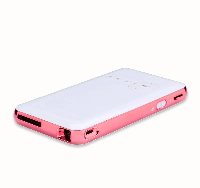 M6S miniature white and rose gold Android DLP projector showing compact 145mm design
