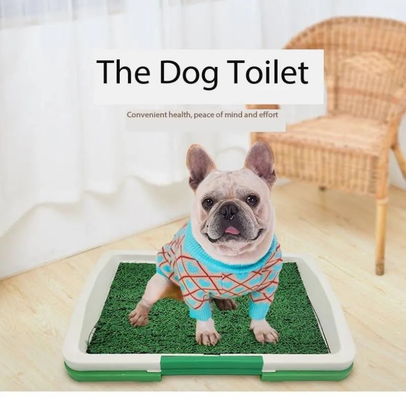 Green synthetic turf dog grass patch with three-layer tray for indoor puppy toilet training