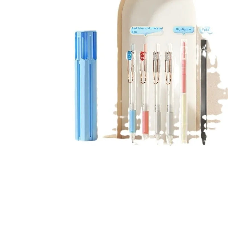 Plastic six pen pencil box set with a pressing pen in Sky Blue, Strong White, or Girl Pink colour options