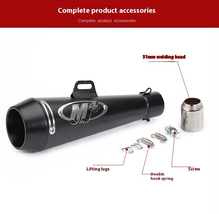 Universal M4 motorcycle exhaust pipe in black, titanium, blue, or white steel finish for large displacement bikes.