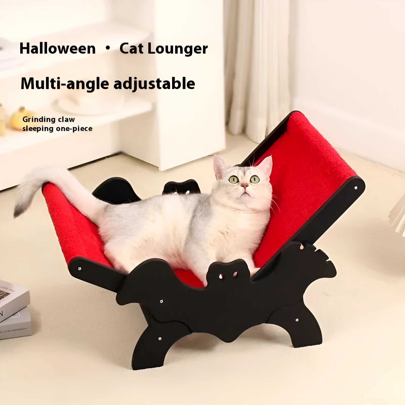 Black and red Halloween-themed wooden cat lounger bed for use as a cage accessory.