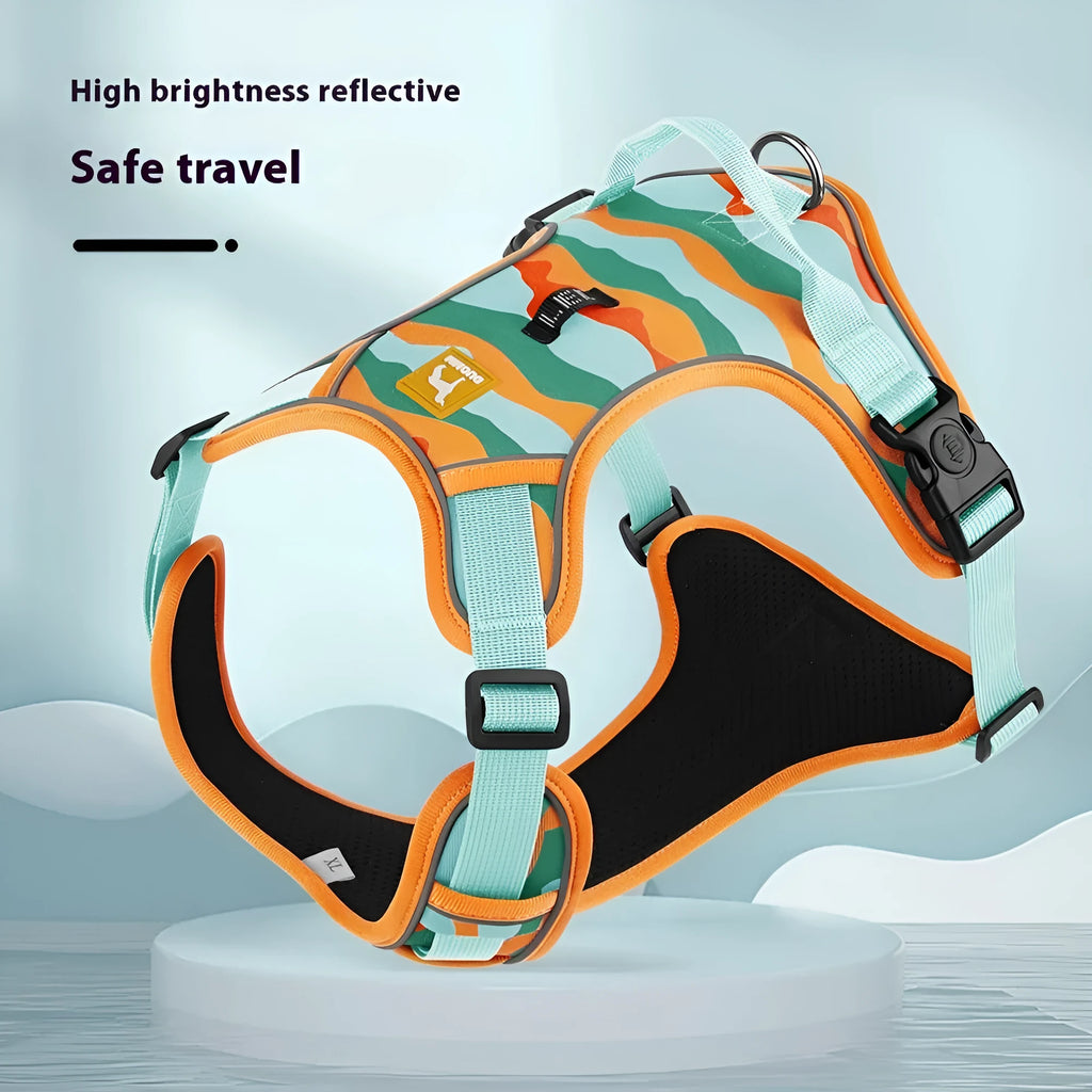 Orange Oxford cloth dog harness with reflective rope on a dog's chest and back
