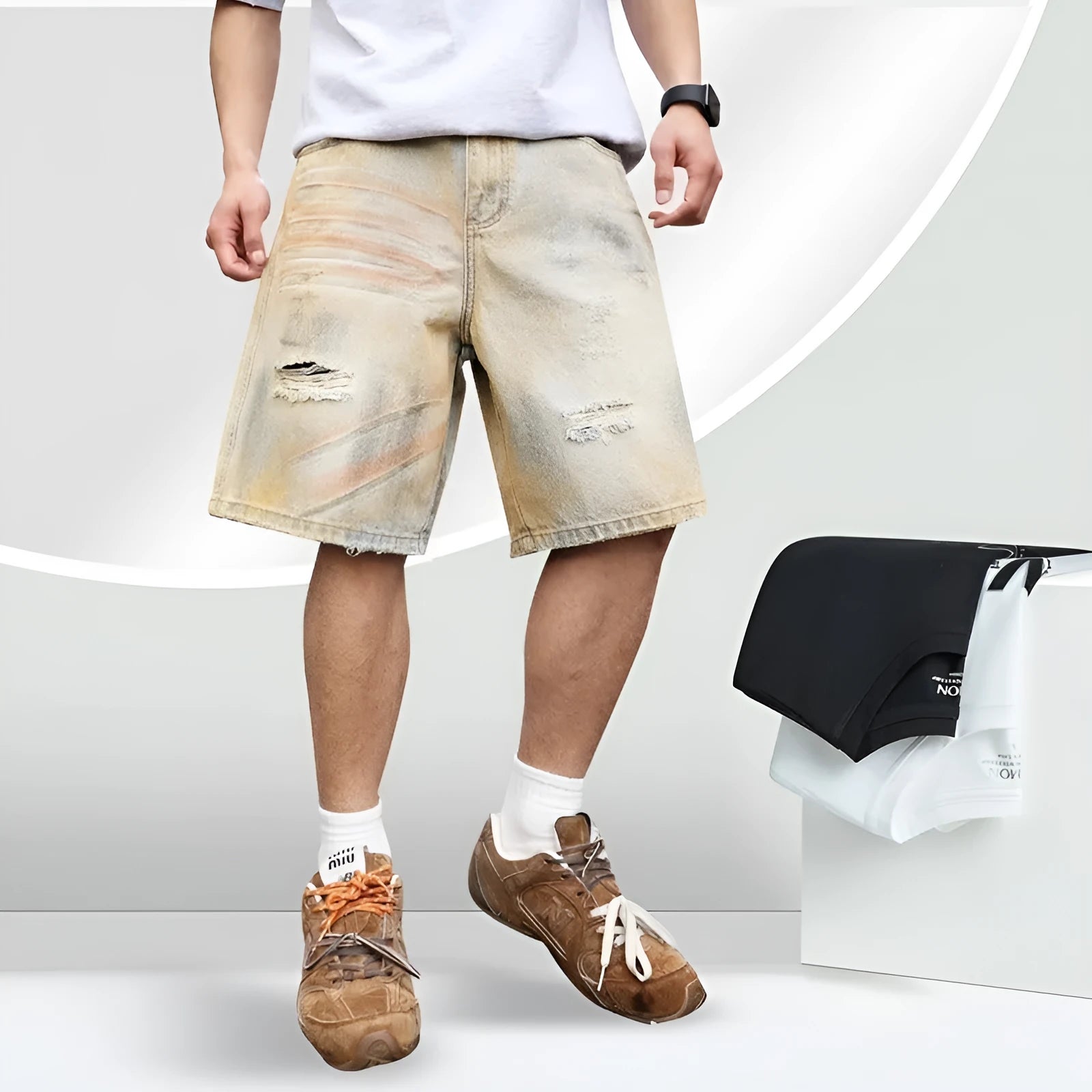 Men's light blue washed denim shorts with ripped details and a straight-leg cut
