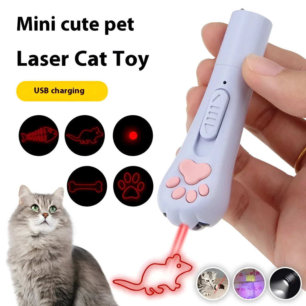 Rechargeable infrared cat teasing stick with moon-light lamp, showing blue colour and laser dot.