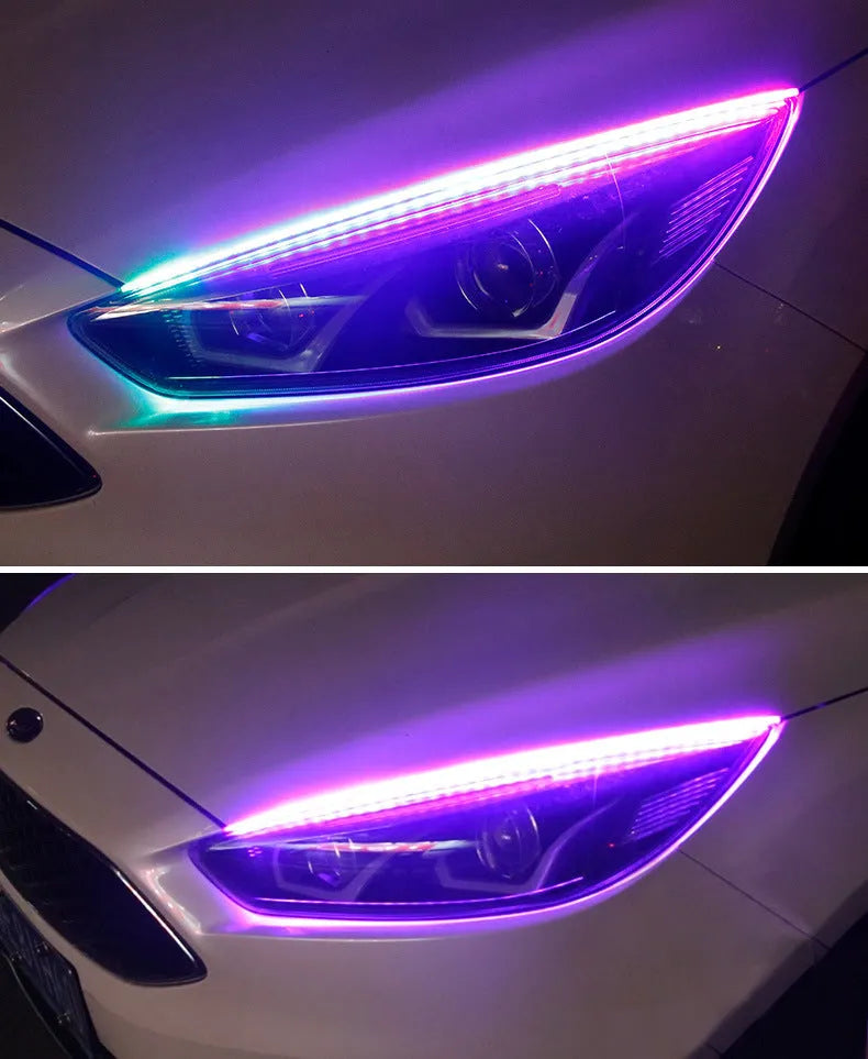 Universal RGB LED daytime running light strip with remote control available in 30cm 45cm and 60cm sizes for 12V vehicles