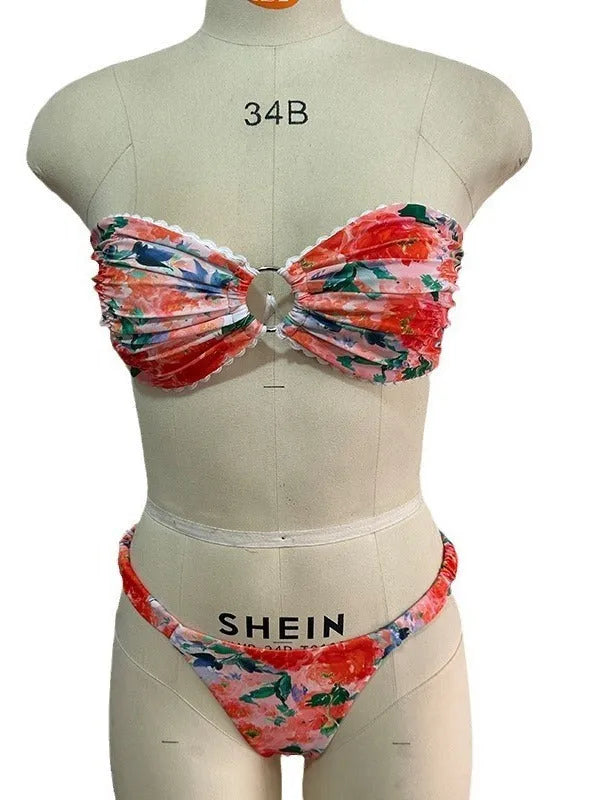 Floral printed tube top bikini with lace trim in European American style swimwear