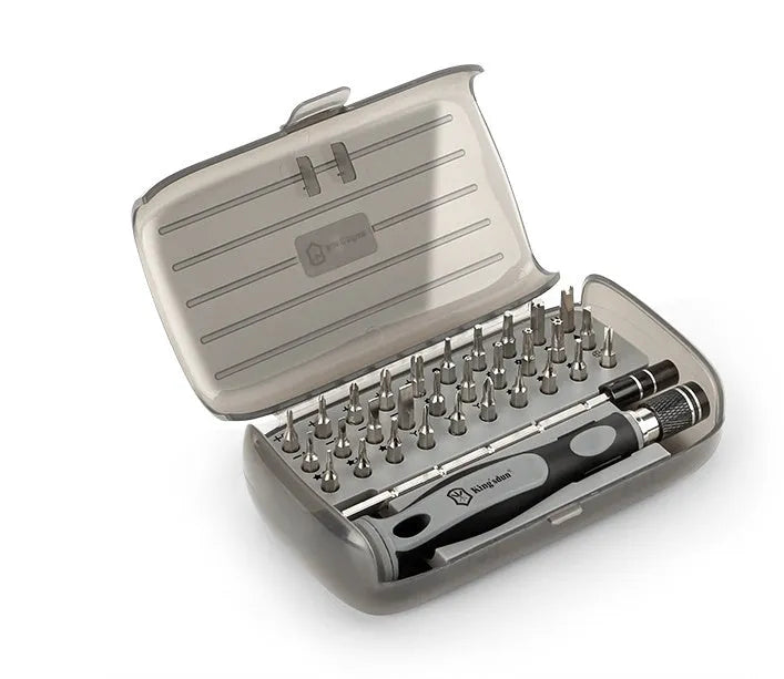 32-in-1 screwdriver set with 30 CRV steel bits in a black PP plastic case, measuring 130mm