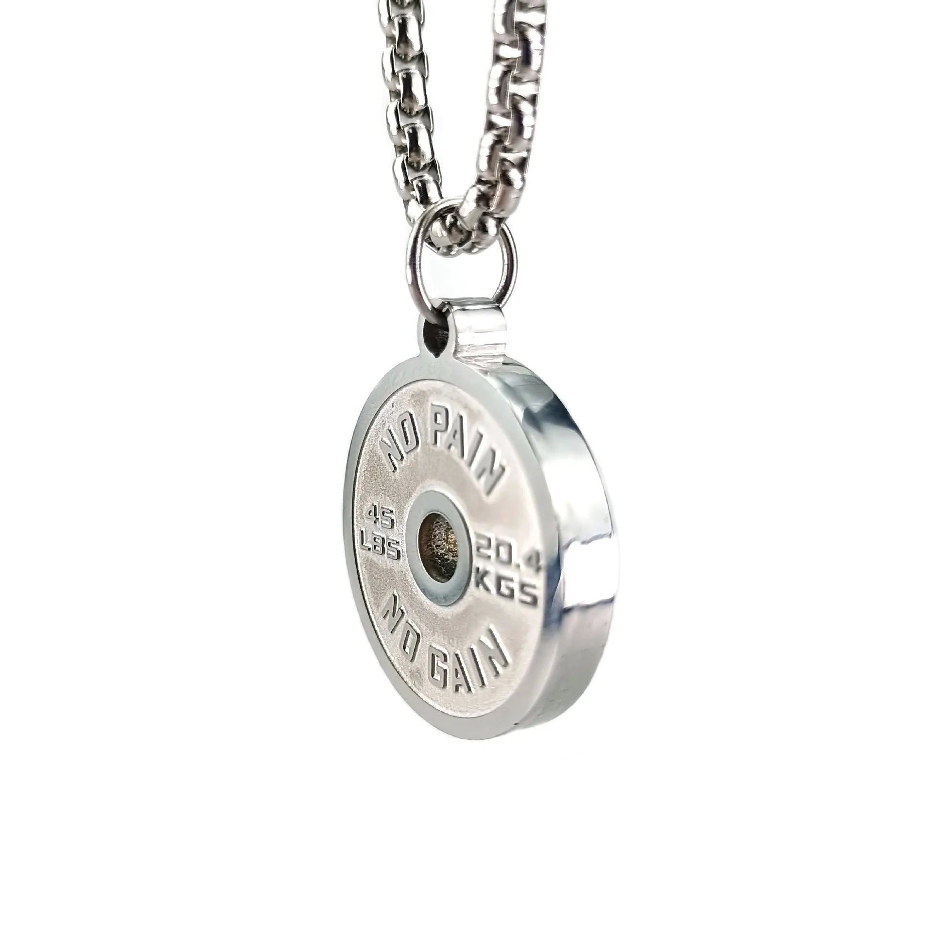Stainless steel geometric barbell disk necklace with polished finish and chain options