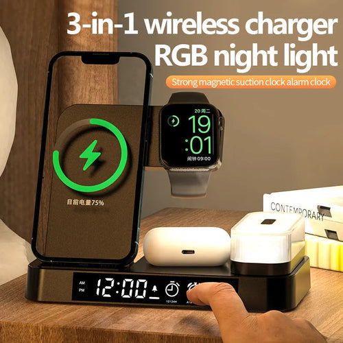 White 4-in-1 multifunction wireless charger station with foldable stand, alarm clock display, and RGB night light.