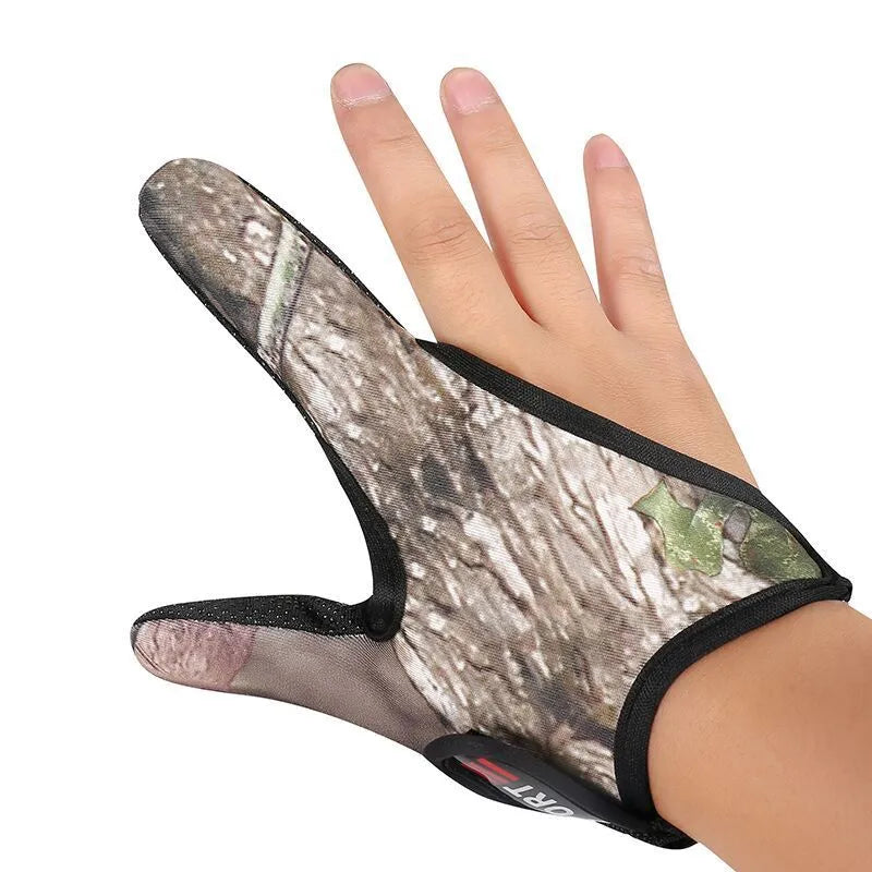 Two-finger fishing gloves showing diving cloth back and microfiber palm in camouflage colour