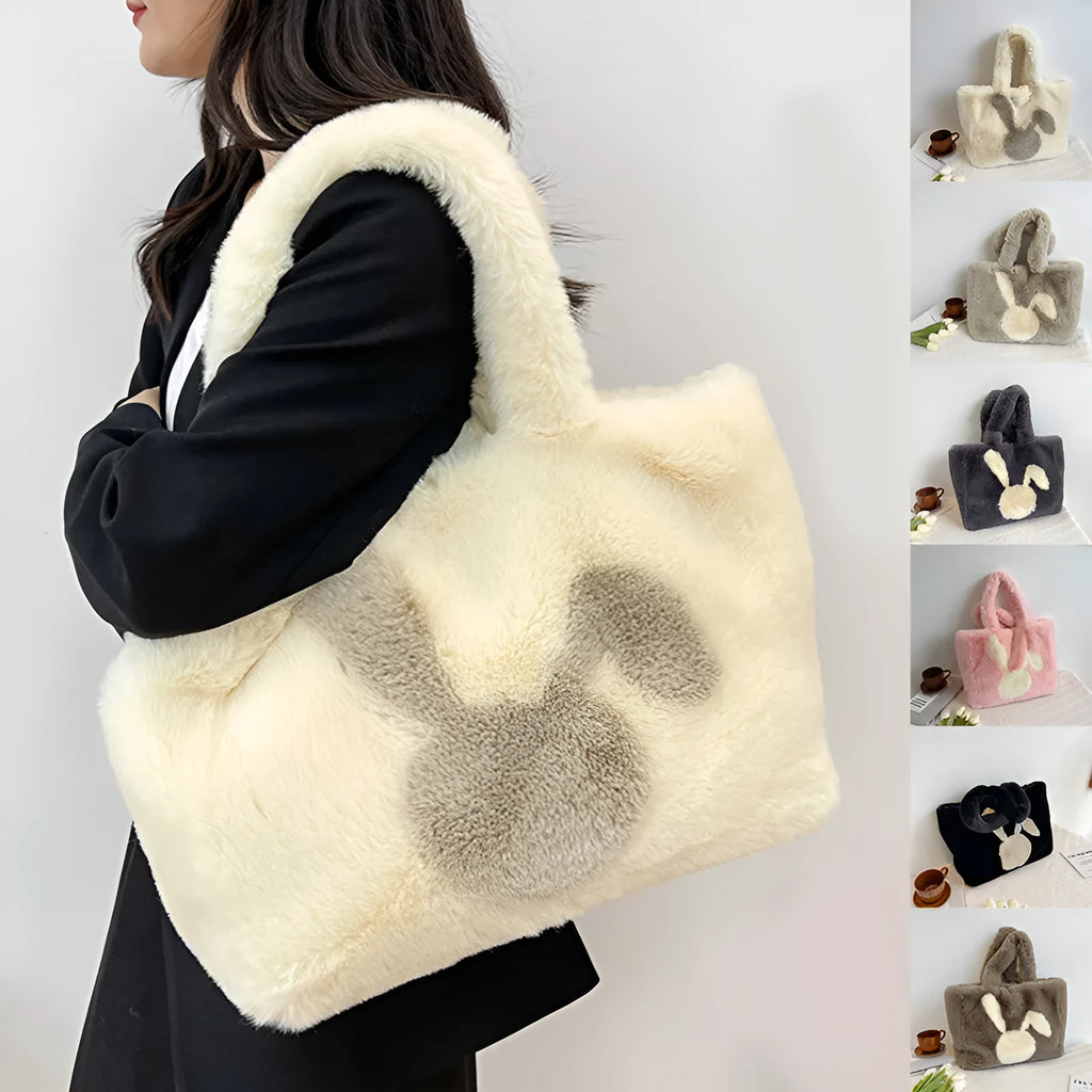 Plush cartoon rabbit ears shoulder bag in solid colour with large capacity