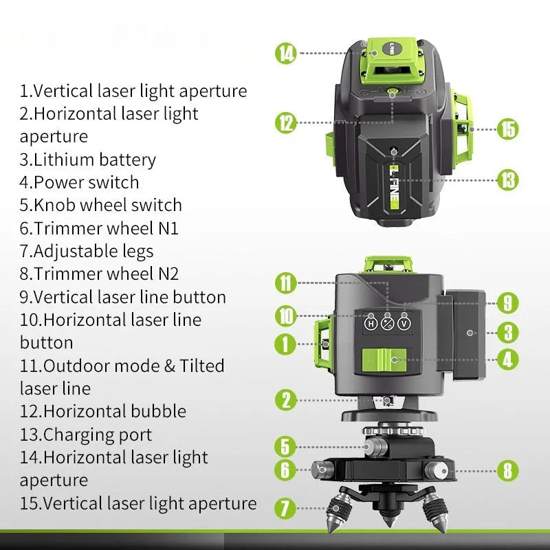 Green 16-line 3D laser level with compact black housing on a work surface.