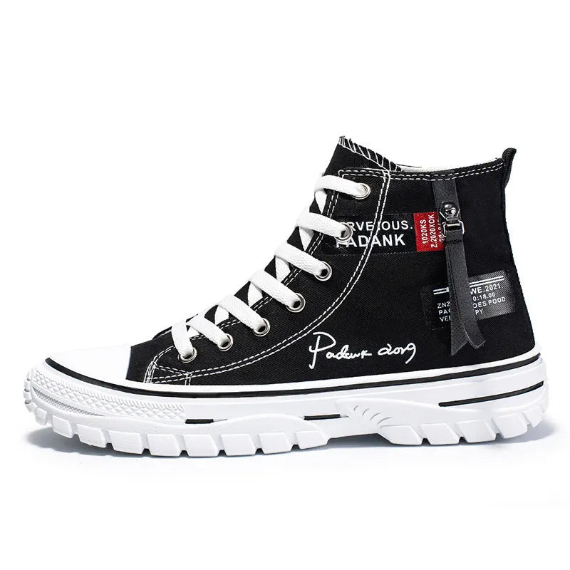 Men's high top canvas lace-up casual shoes in black, round toe, sizes 39-44