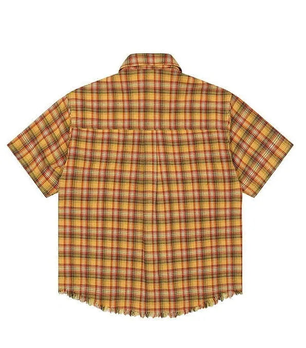 Yellow plaid short sleeve shirt with embroidery on chest pocket, loose fit design