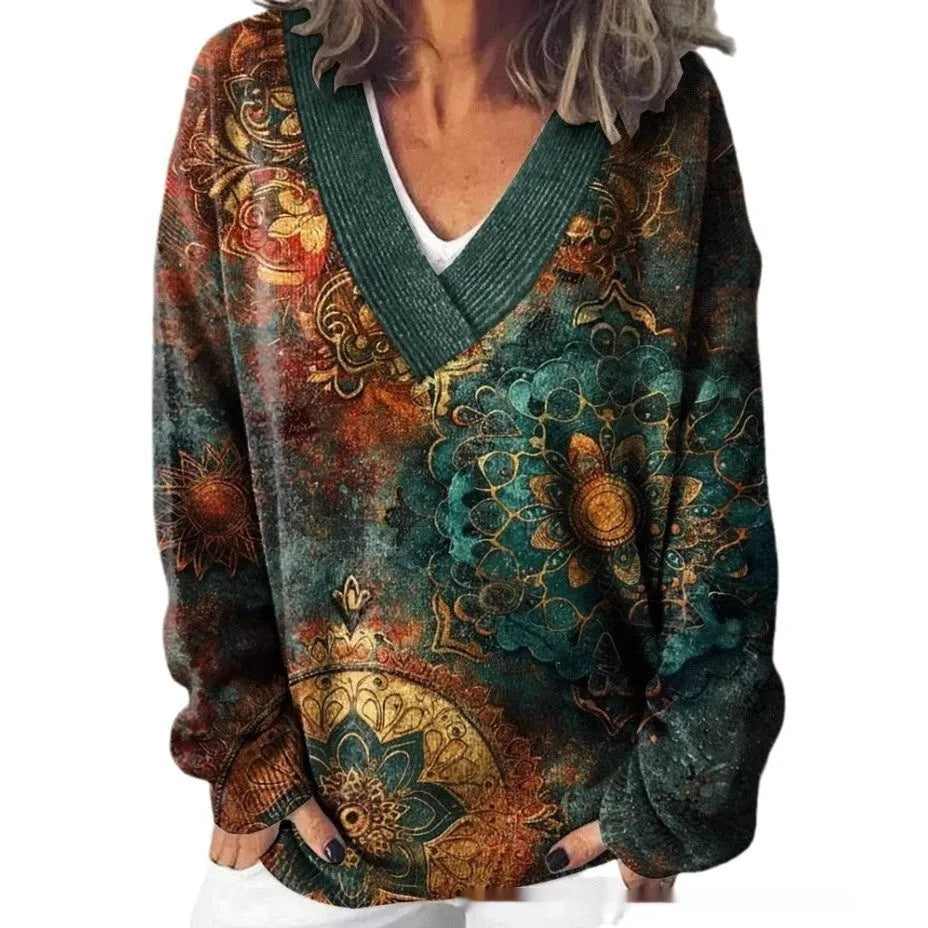 Women's floral printed sweatshirt with 3D pattern effect, V-neck pullover style in wool woven polyester fabric