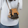 coffee colour crossbody phone bag with pom-pom pendant PU material vertical square shape open pockets