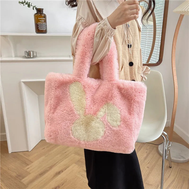 Plush cartoon rabbit ears shoulder bag in solid colour with large capacity