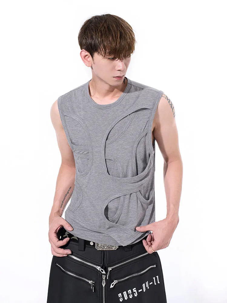 Men's solid colour lyocell vest tank top on a hanger, showing round neck collar.