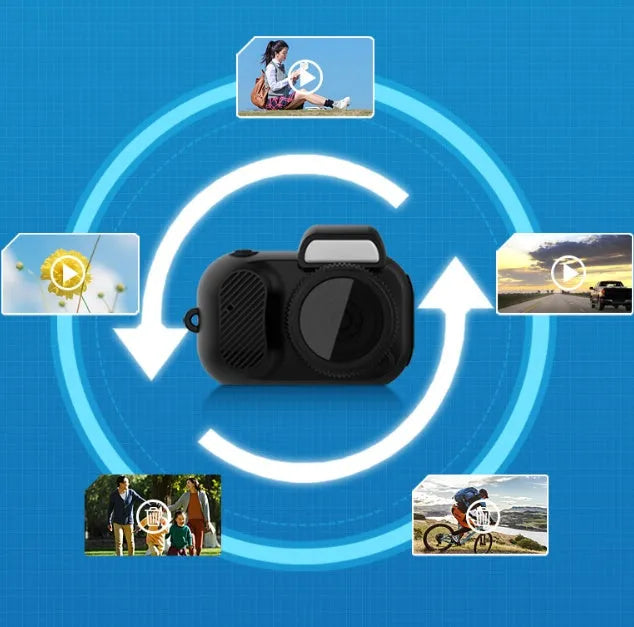 Black Y3000 HD outdoor sports camera with small LCD screen, shown next to optional memory cards.
