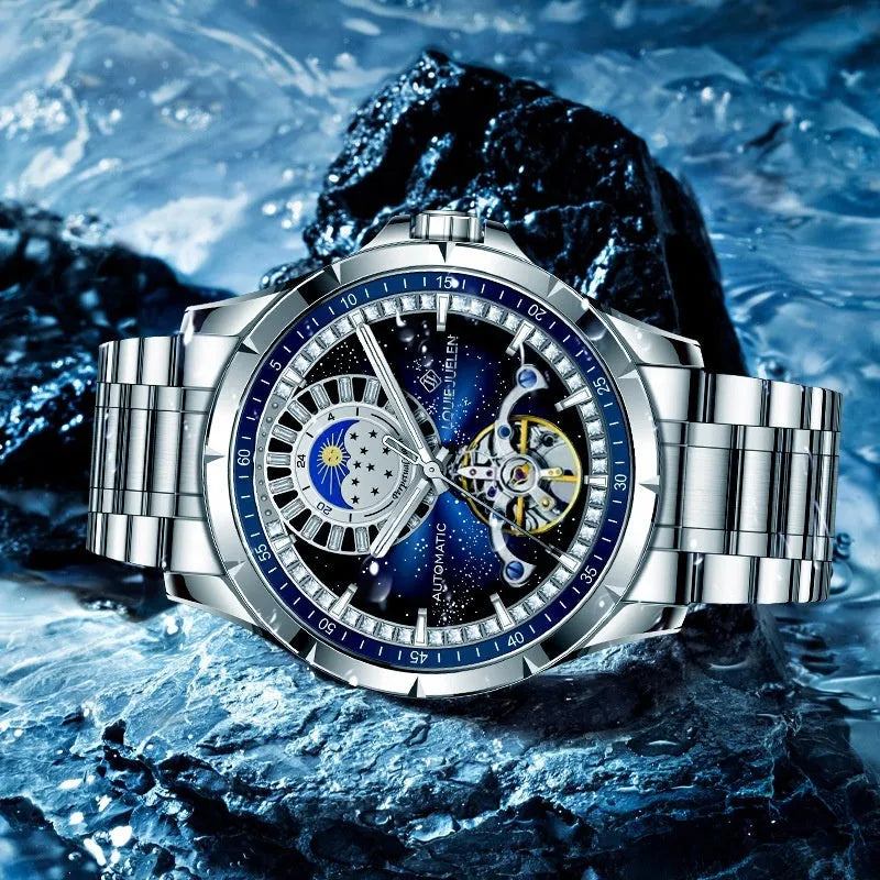 Silver automatic mechanical watch with blue dial and stainless steel bracelet