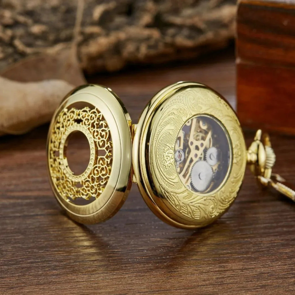 Retro mechanical pocket watch with hollow floral print dial and transparent case back in alloy case